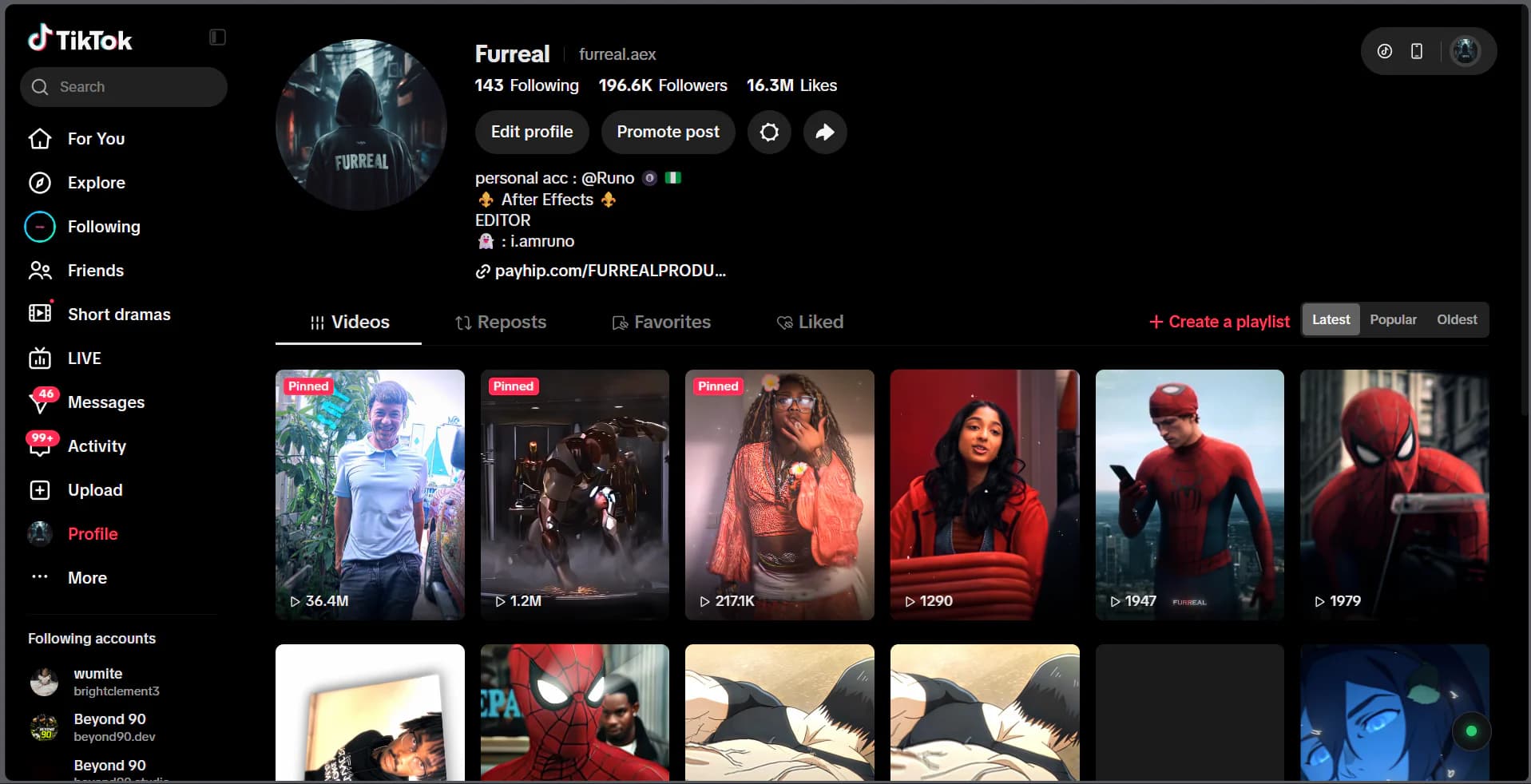 Furreal.aex TikTok profile showing published short-form edits and motion work