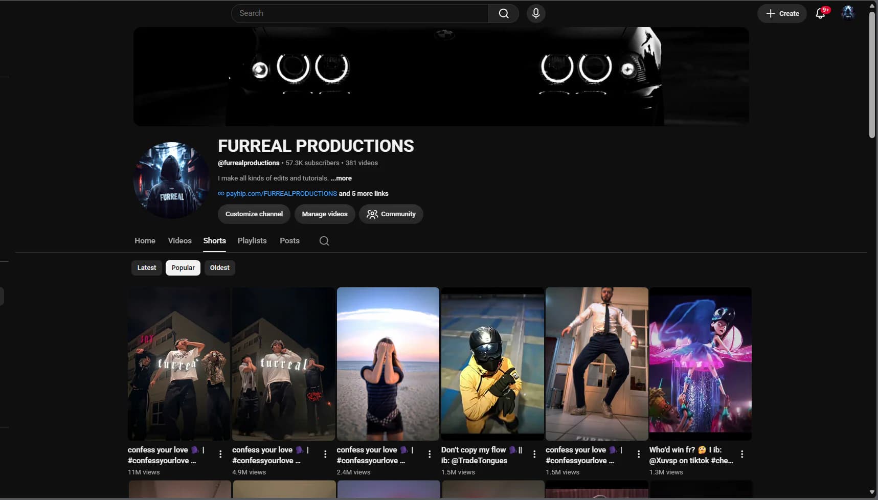 Furreal.aex YouTube channel showing a collection of published video edits